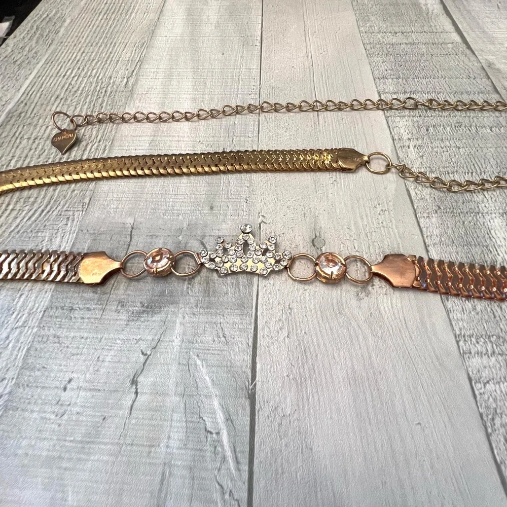 Rose Gold Tone Waist Belt Metal Rhinestone Crown 24-43” Waist Copper Bling Queen